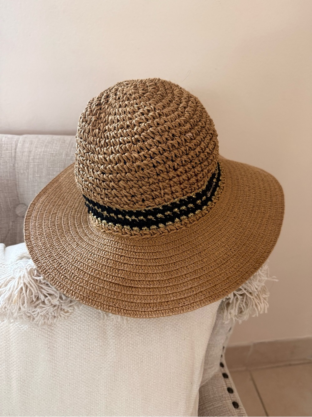 Steve Madden Tan Woven Sun Hat with Black & Gold Band
